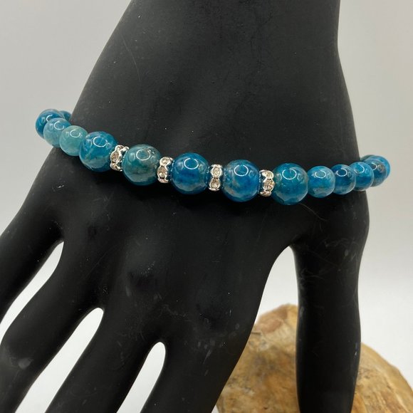 Hand Crafted Jewelry - NEW Apatite Beaded 7.5 inch Bracelet with Rhinestone spacers Handmade